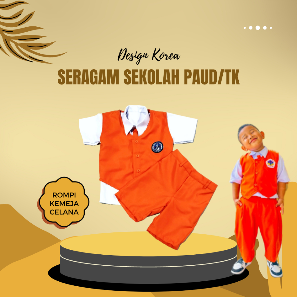 Baju Seragam Anak PAUD Seragam TK Lengkap Rompi Model Korea Warna Orange