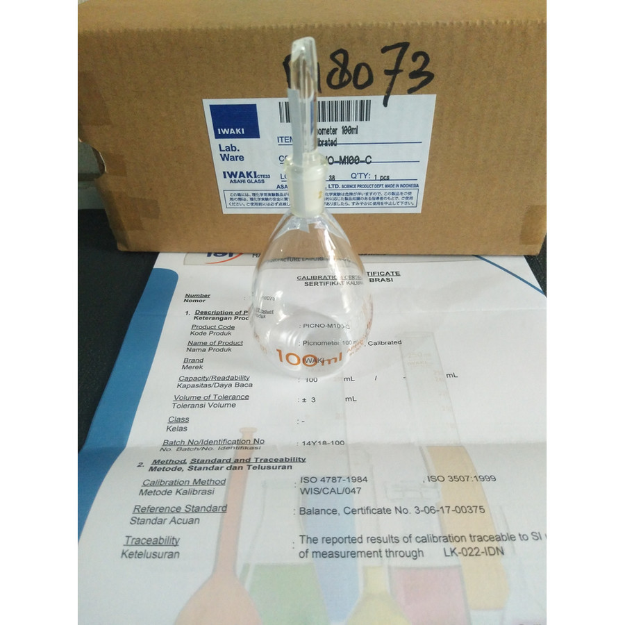 IWAKI Picnometer 100 ml Calibrated (Bersertifikat)  IWAKI Piknometer 100ML