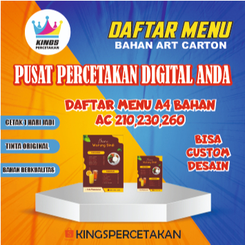 

Cetak daftar menu A4 bahan AC260/230/210 custom desain dan size