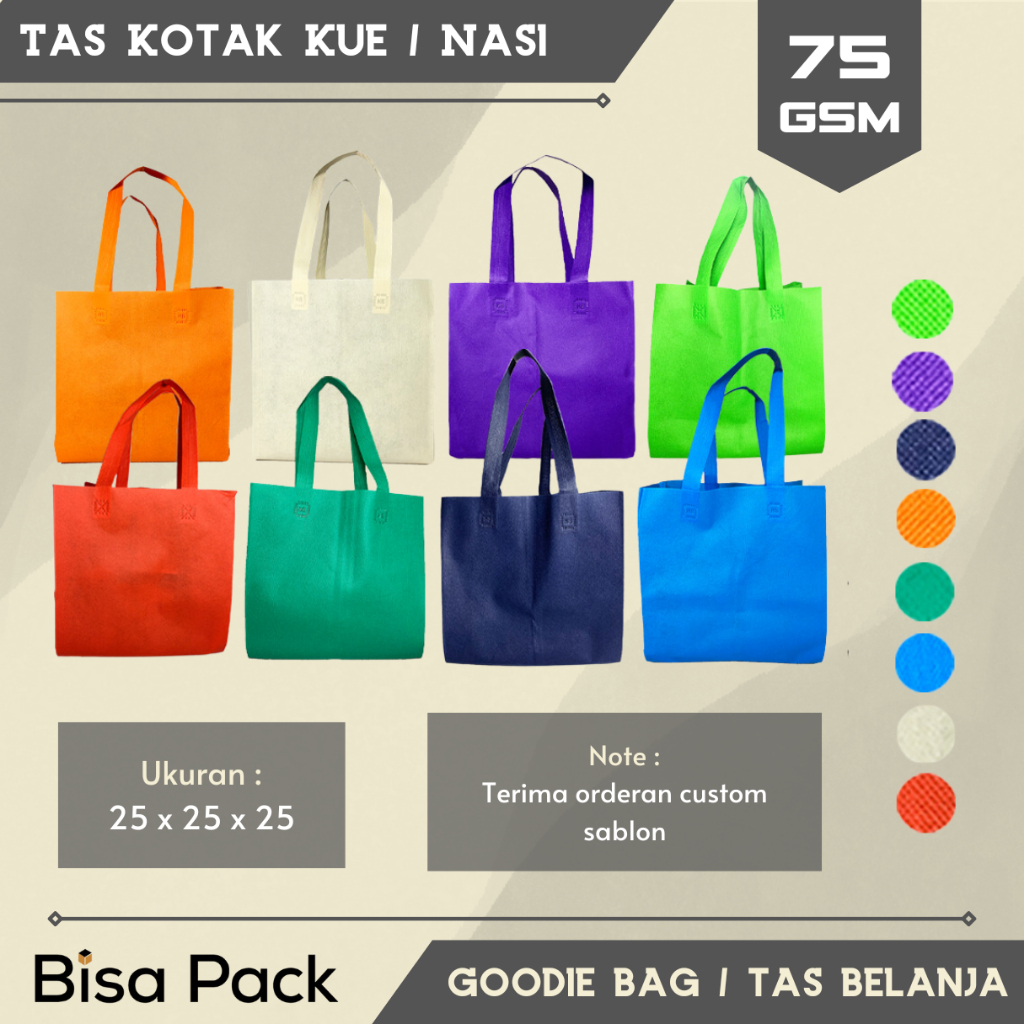 

Tas Spunbond Kotak Kue / Nasi Box 25x25x25 Goodie Bag Polos 75 Gsm - Pcs