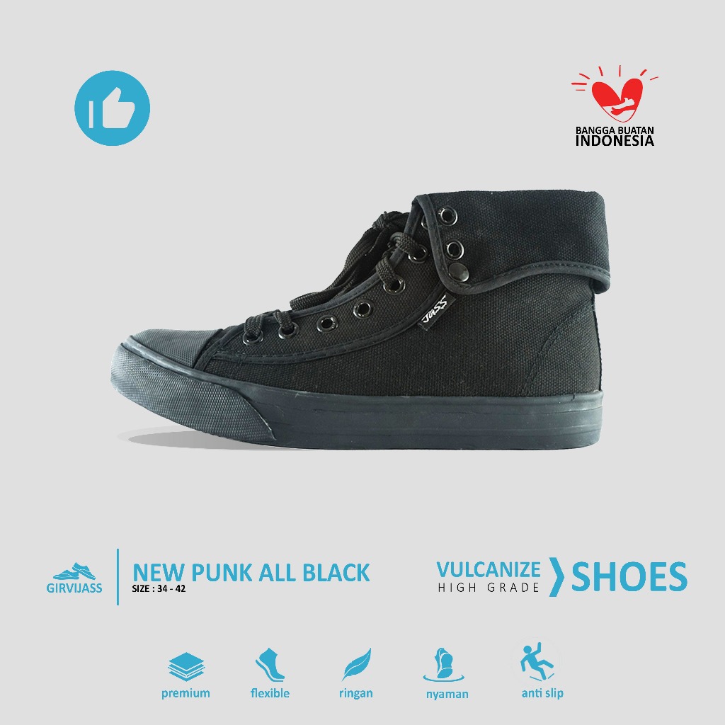GIRVI New Punk Sepatu Pramuka Jass Kanvas Vulcanized Bertali Hitam Polos Ukuran 37–42