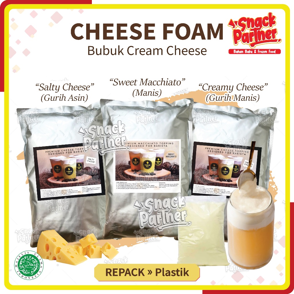 

VARIAN RASA CHEESE CREAM - SALTY / SWEET MACCHIATO / CREAMY Repack 100 / 250 GR - Instant Powder - Topping Toping Bubuk Foam Keju Salt Asin Manis Machiato Minuman Teh Susu Bubble Boba Coklat 100GR 500GR