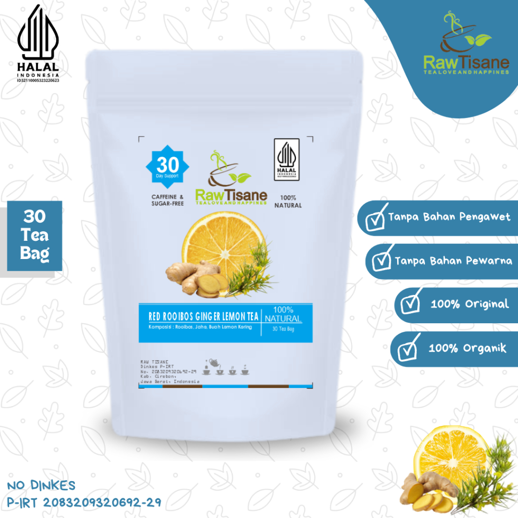 

RAW TISANE Red Rooibos Ginger Lemon Tea : Teh Celup Rooibos, Jahe & Buah Lemon Kering Isi 30 Tea Bag