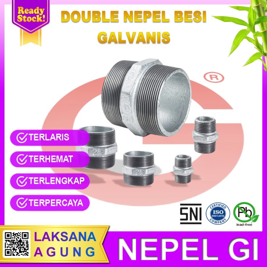 [2-1/2"] Double nepel 2.5 inch SNI Besi galvanis G-Brand | Sok drat luar 2.5" Nepel Gi Galunggung
