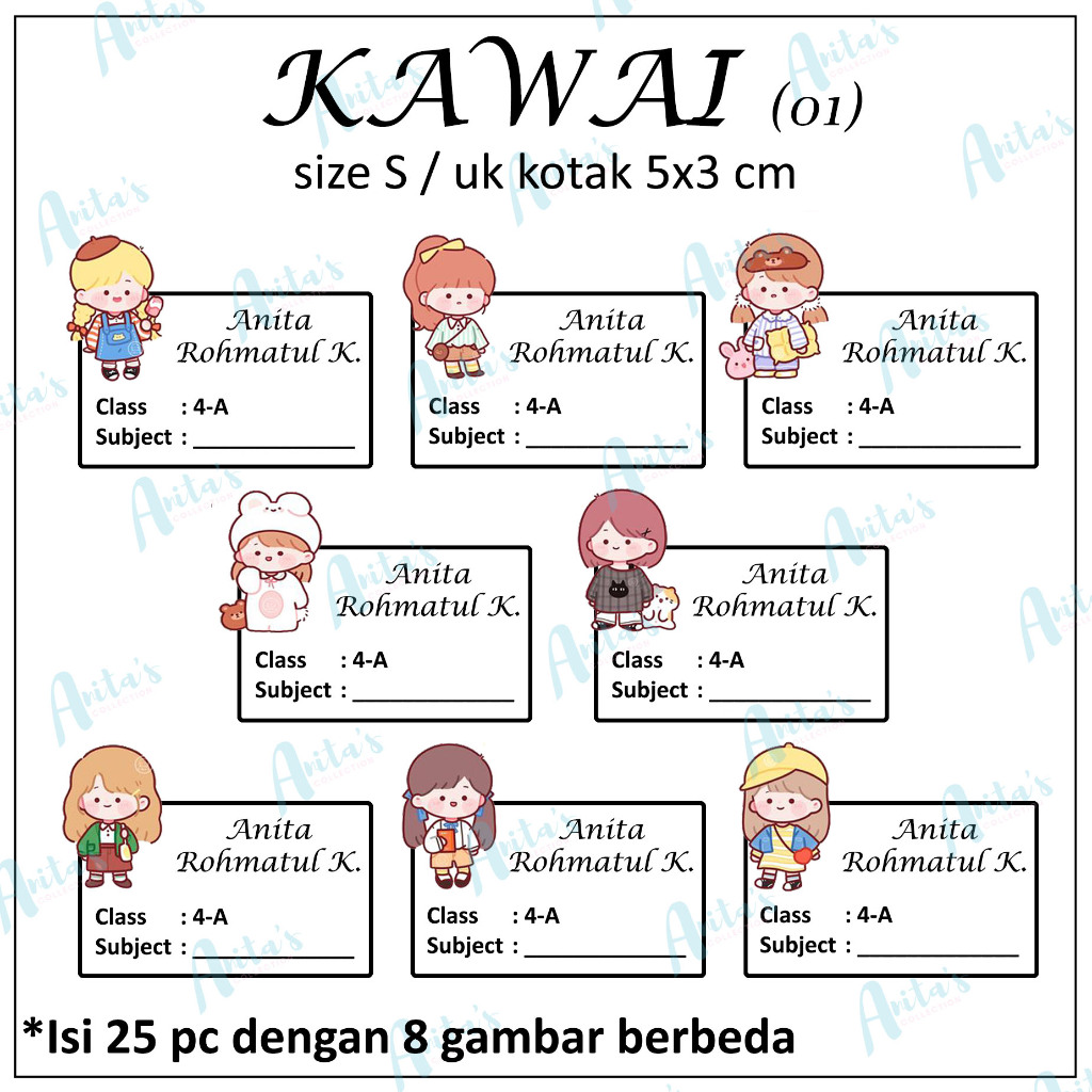 

25pc STIKER NAMA BUKU PELAJARAN ANAK SEKOLAH tema KAWAI 01 | size S / 5x3 cm | CUSTOM
