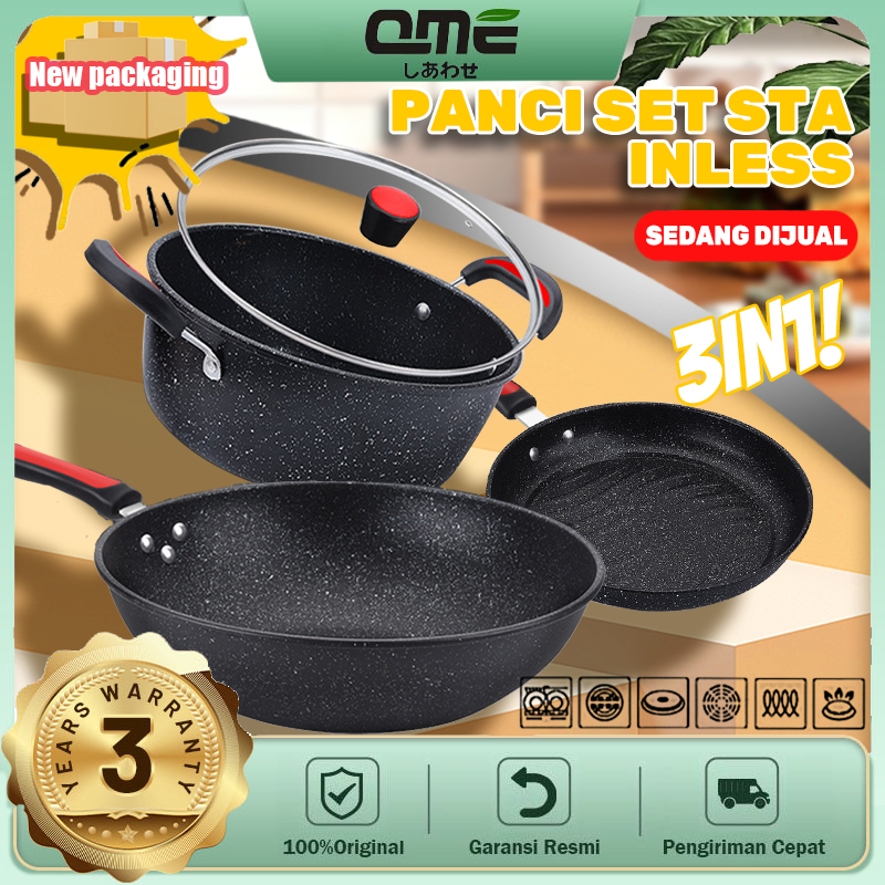 QME  Antilengket Peralatan Masak 3PCS Peralatan Dapur Cocok Untuk Semua Kompor Wajan Panci Paket Kel