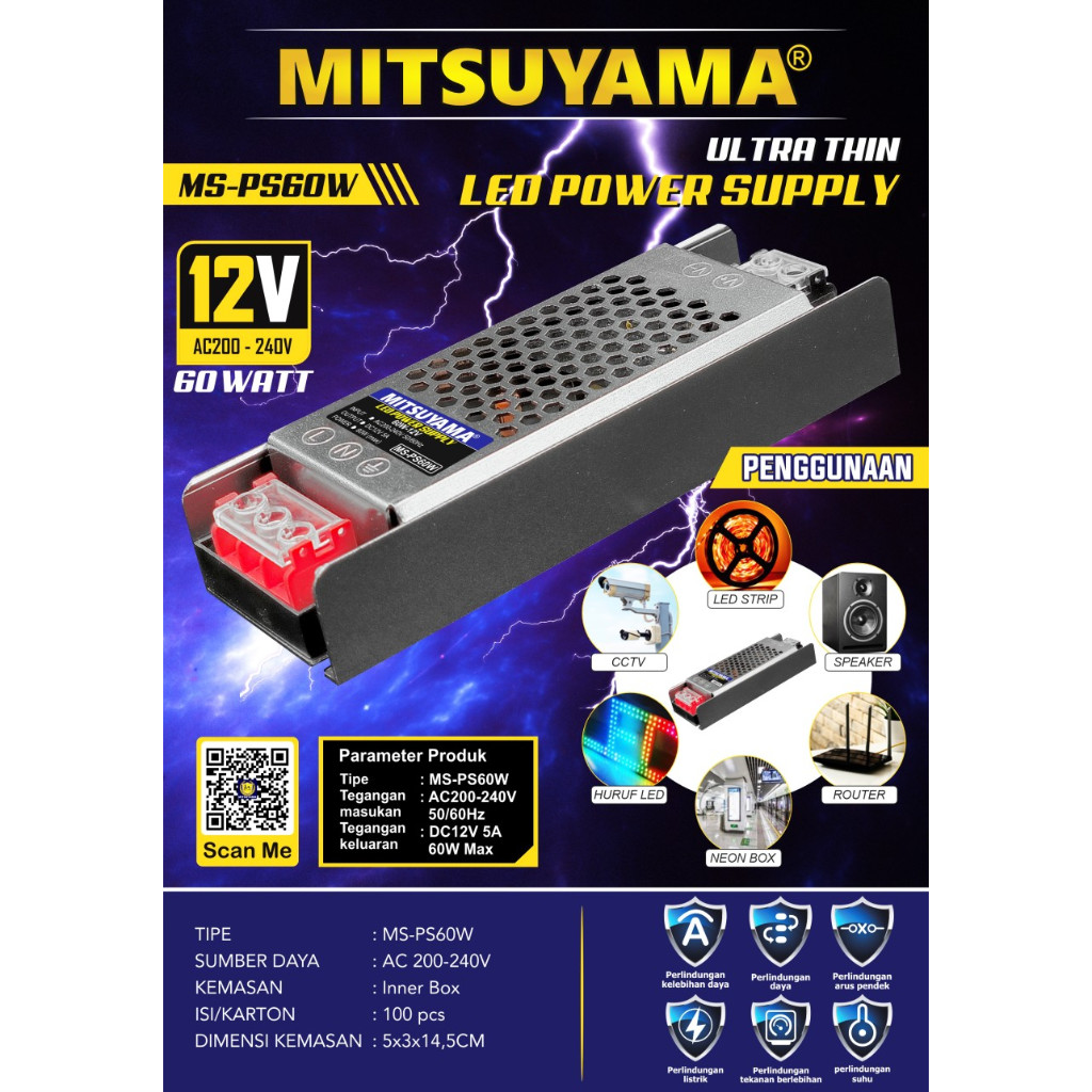 Power Supply Ultra Thin Mitsuyama 12V AC200-240V 60Watt 100Watt 200Watt 300Watt 400Watt