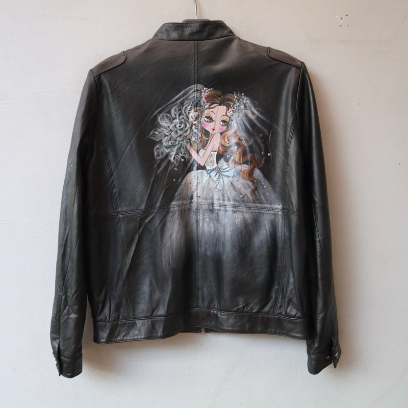 Tomboy Jaket kulit asli slim cewek biker rider motor embos bergambar leather jacket Pl bekas prelove