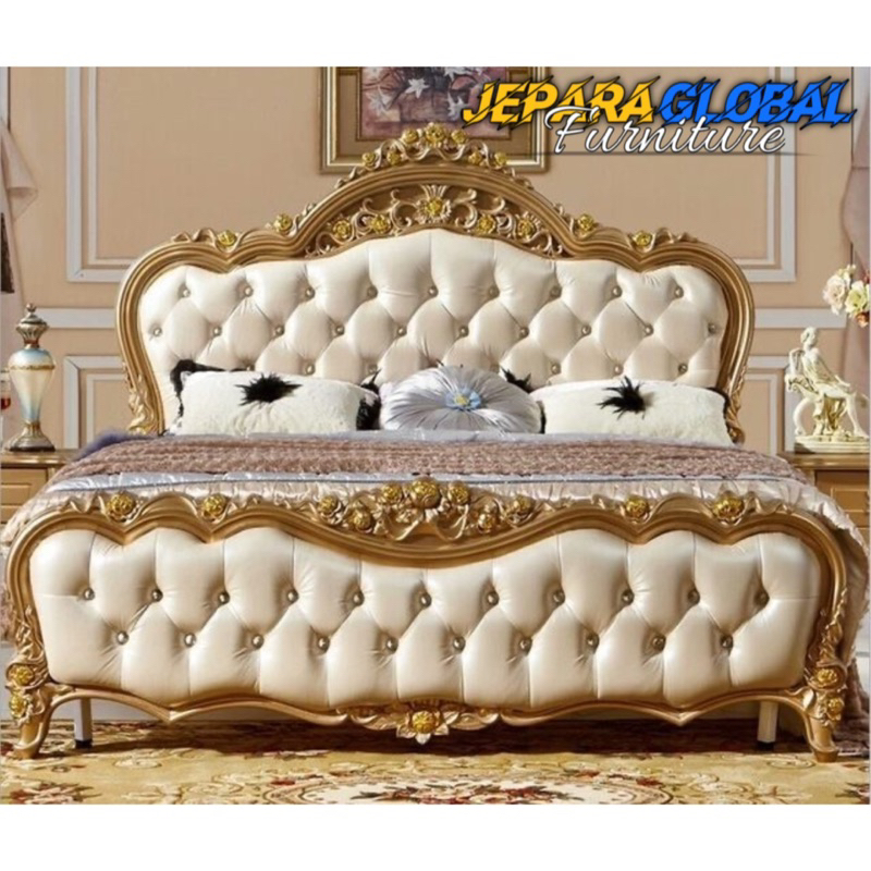 Dipan tempat tidur Ukir duco mawar cream (dipan ukir mewah,dipan jati solid,dipan ukir luxury,dipan 