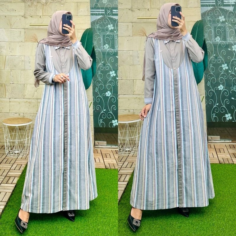 Dimara dress cotton triset terbaru || Athayaa dress | gamis salur kotak | gamis triset | Dress kemej