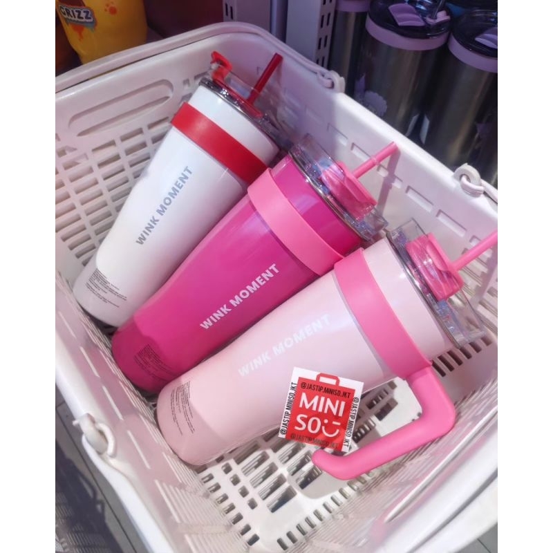 MINISO 🆕 Botol Minum Tumbler Stainless JUMBO + Sedotan WINK MOMENT (1600ml)
