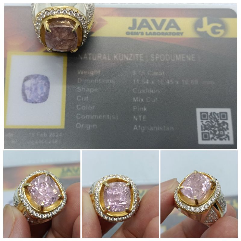 Natural Kunzite Spodumene Oktagon 9 ct Kristal memo GL Ring Perak