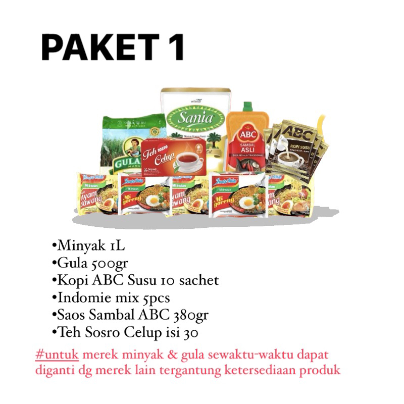 

PAKET 1 SEMBAKO MURAH / MINYAK GULA INDOMIE TEH SOSRO SAOS ABC KOPI ABC