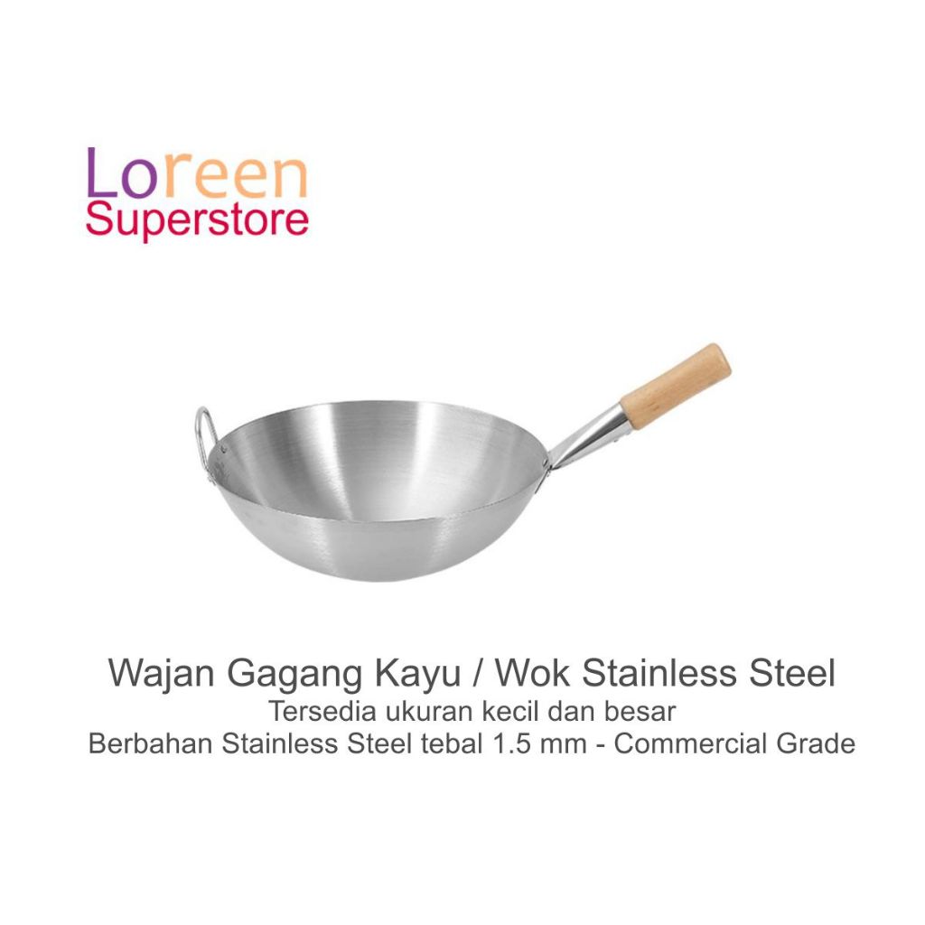 Wajan Wok Penggorengan Stainless Steel Gagang Kayu - 40cm