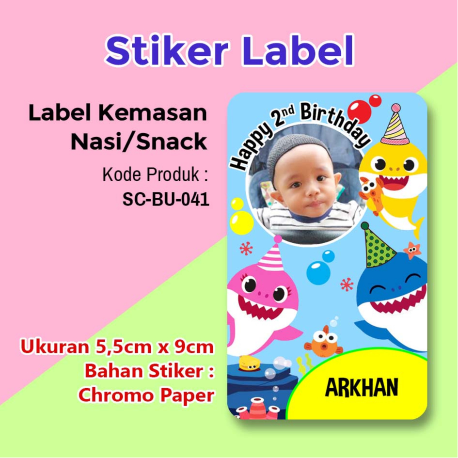 

STIKER LABEL ULANG TAHUN ANAK NASI BENTO SOUVENIR BABY SHARK PAKE FOTO