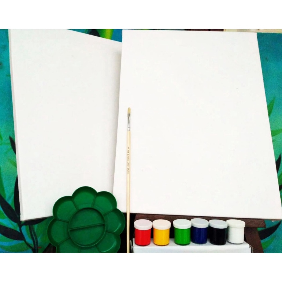 

2 Buah Kanvas Lukis Putih Ukuran 3x4 cm Lengkap dengan Cat Akrilik 6 Warna Kuas Lukis BONUS Palet ART I9L1