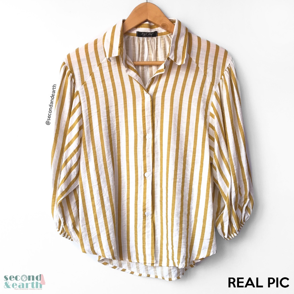 Angel Shop Shirt (XS-M) Atasan Kerja Wanita Kemeja Lengan Puff Motif Garis Putih Kuning Puffy Sleeve