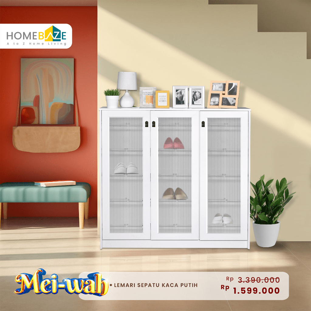 Homebaze - Lemari Sepatu Kaca 3 Pintu Minimalis Murah dan Kokoh, Lemari Sendal, Lemari Kaca