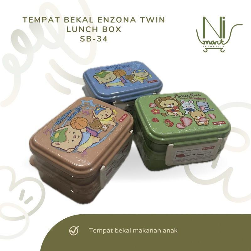 Penyimpanan Makanan Anak Enzona Twin Lunch Box ( SB-34 ) Bekal Kotak Misting Sebaguna Plastik Sekat 