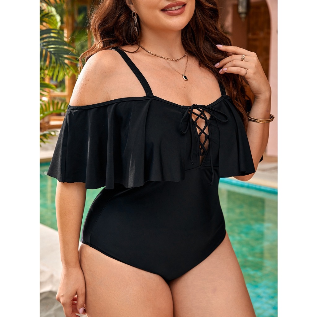 Baju Renang Jumbo Big Size Wanita Sabrina Hitam Polos Off Shoulder One Piece Swimsuit Plain Black Se