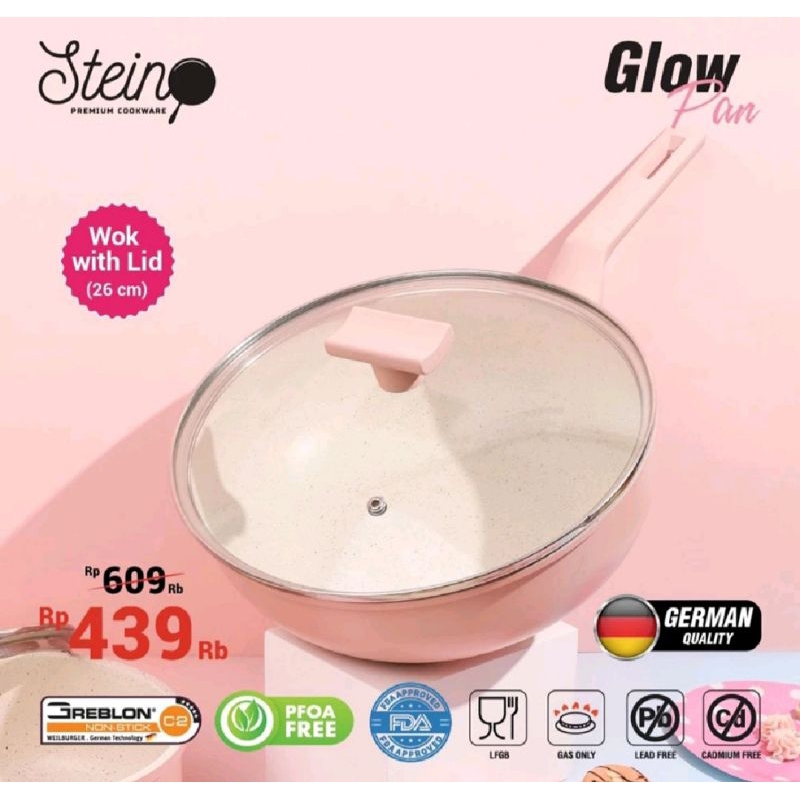 Stain cookware - glow pan series (wok 26 with lid) warna pink