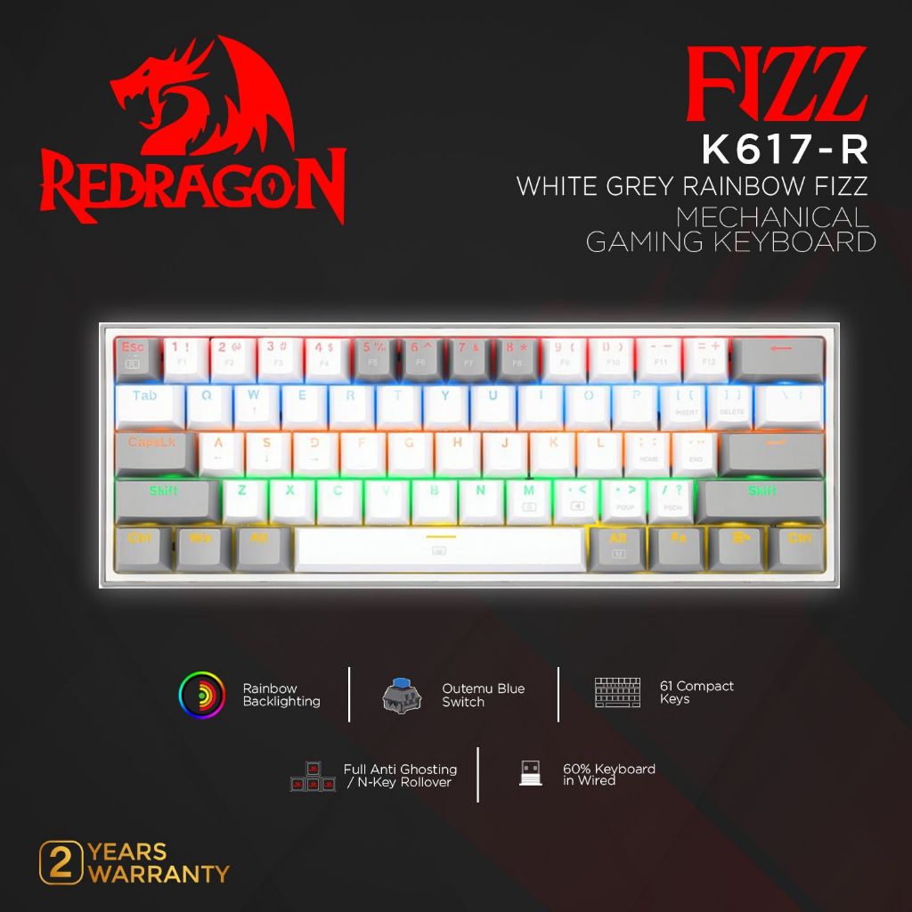 Redragon Mechanical Gaming Keyboard 60% WHITE GREY RAINBOW FIZZ-K617-R
