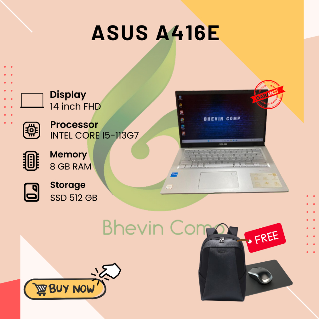ASUS A416E INTEL CORE I5 GENERASI 11 RAM 8GB SSD 512GB