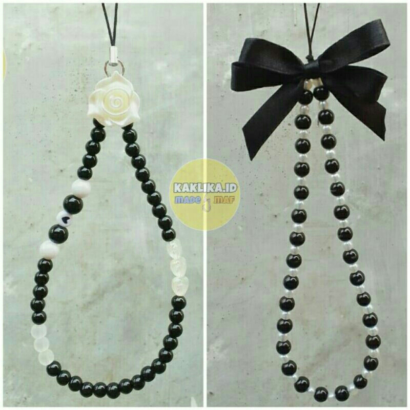 Phone strap beads Monocrome hitam putih series / Tali Lanyard handphone Manik / Gantungan hp hitam p