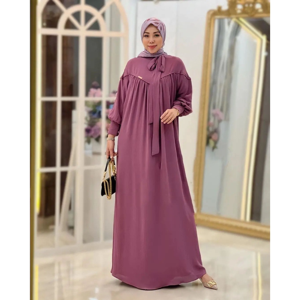 Gamis Wanita Terbaru Melody Dress BO ne Size Lingkar Dada 110 cm Bahan Crinkle Airflow Dress Kondang