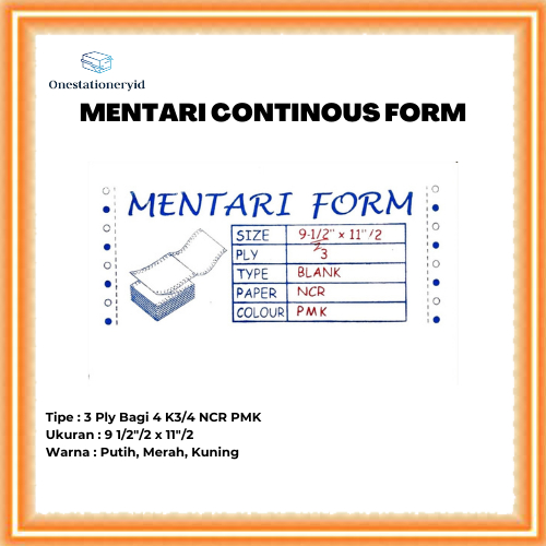 

Kertas Continuous / Continous Form 3 Ply Bagi 4 , 3 Rangkap K3/4 Wartel NCR Putih Merah Kuning 9 1/2"/2 x 11/2