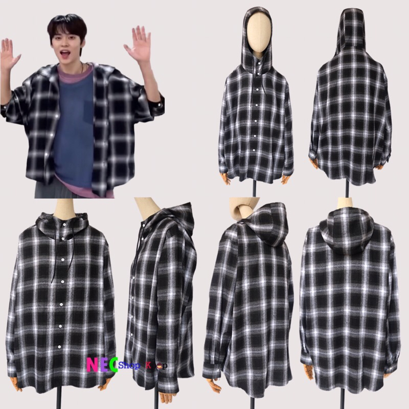 Riize  Eunseok Flannel Shirt Black White Hoodie (Full flannel)