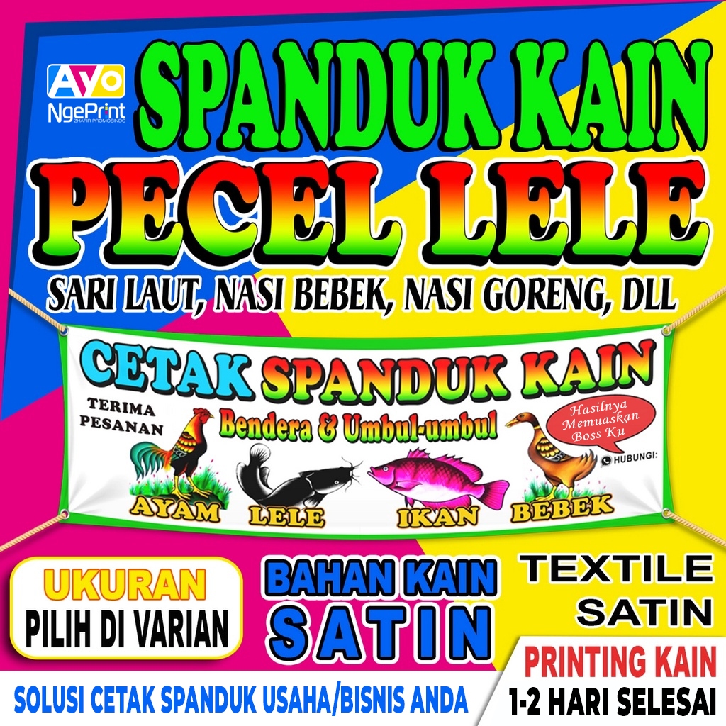 Tempat Cetak Spanduk Kain Pecel Lele / Sari Laut / Nasi Bebek / Nasgor | Bahan Kain Satin