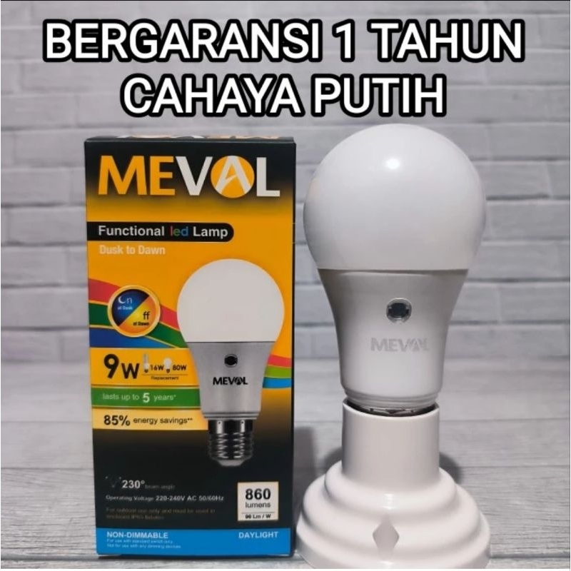 LAMPU SENSOR LED 9 WATT CAHAYA PUTIH OTOMATIS MALAM MENYALA MEVAL SNI GARANSI 1 TAHUN