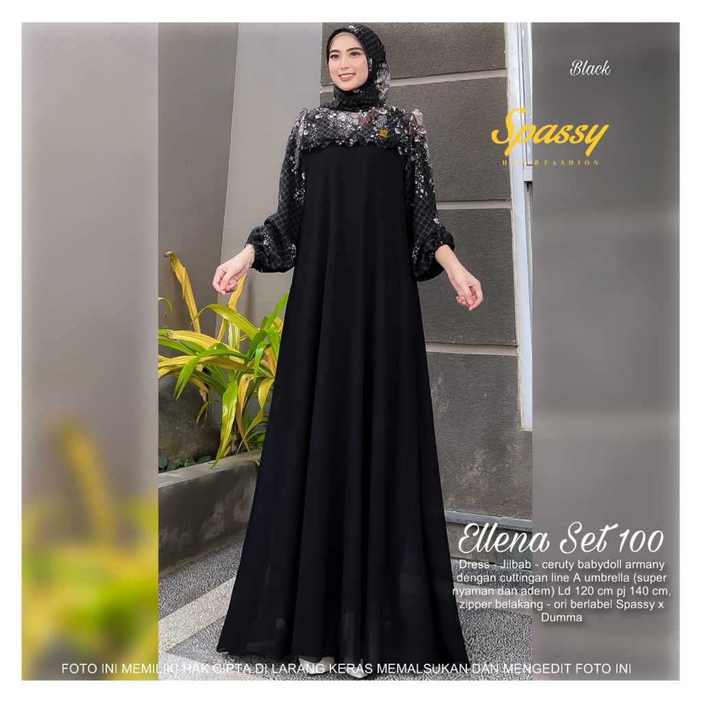 Ellena Set Hijab by Spassy x Dumma / Gamis Maxi Dress Setelan Jilbab / Bahan Ceruty Babydoll Full Fu