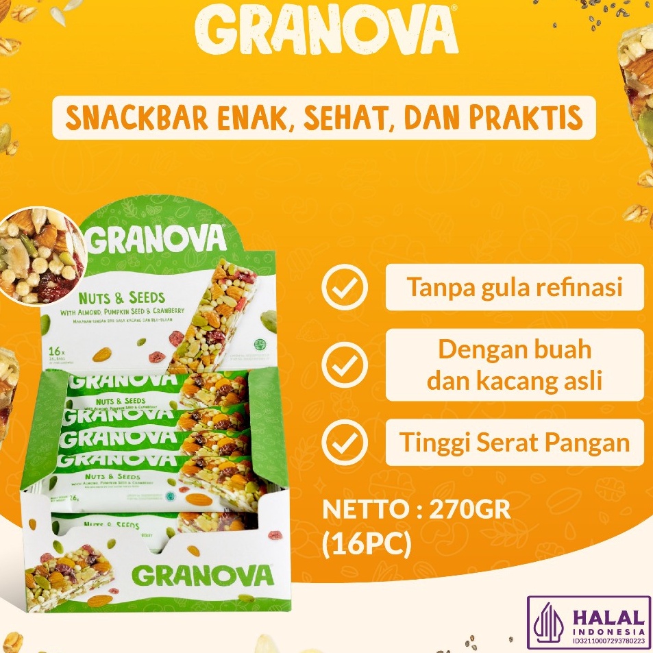 

Harga Grosir Granova Snackbar Nuts Seeds 26gr x 16 pcs Rasa Original Cemilan Sehat Gandum Halal