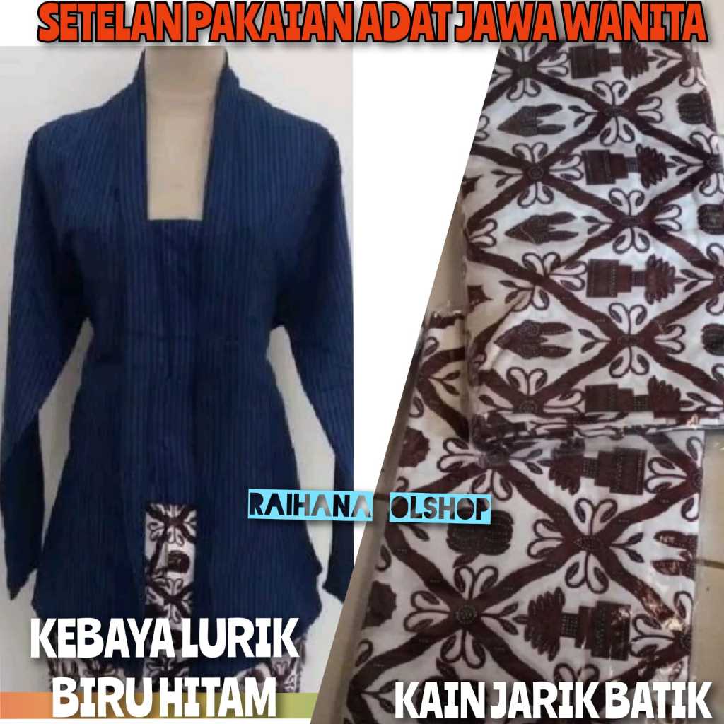 SEPAKET BAJU ADAT JAWA WANITA | KEBAYA LURIK BIRU HITAM + KAIN JARIK BATIK | PAKAIAN NASIONAL PEREMP