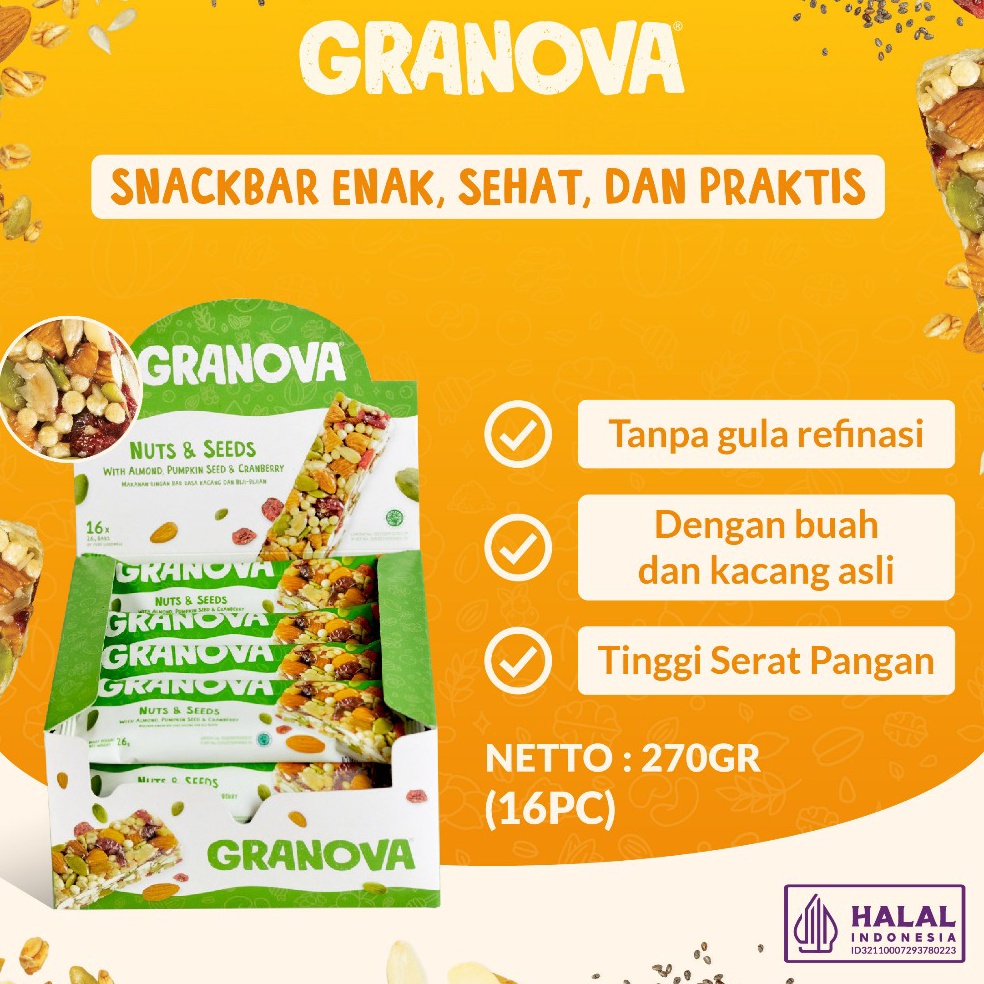 

Sikat abis Granova Snackbar Nuts Seeds 26gr x 16 pcs Rasa Original Cemilan Sehat Gandum Halal