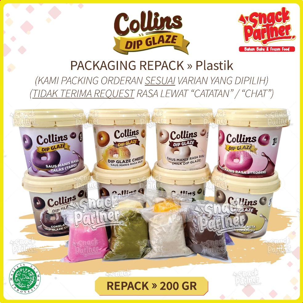 

Promo Keren COLLINS DIP GLAZE Repack 2 GR Topping Selai Donat Kue Aneka Rasa Chocolate Coklat Choco Crunchy Strawberry Stroberi Milk Susu Green Tea Teh Hijau Tiramisu Taro Talas Cappucino Kapucino Cheese Keju