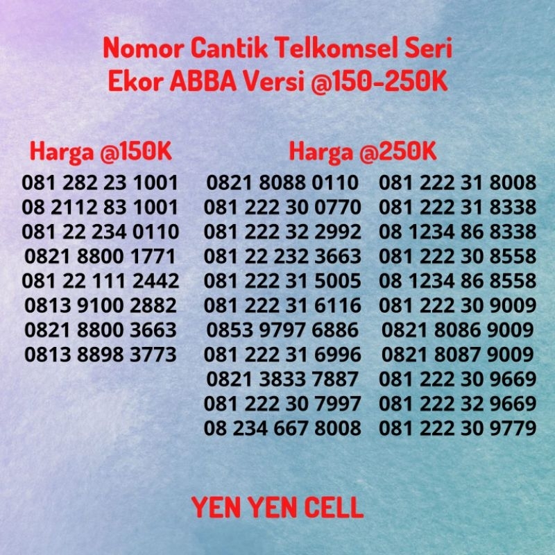 Nomor Cantik Kartu Perdana Telkomsel Simpati Seri Ekor Ujung ABBA Cermin Belakang Versi @150-250 Nom