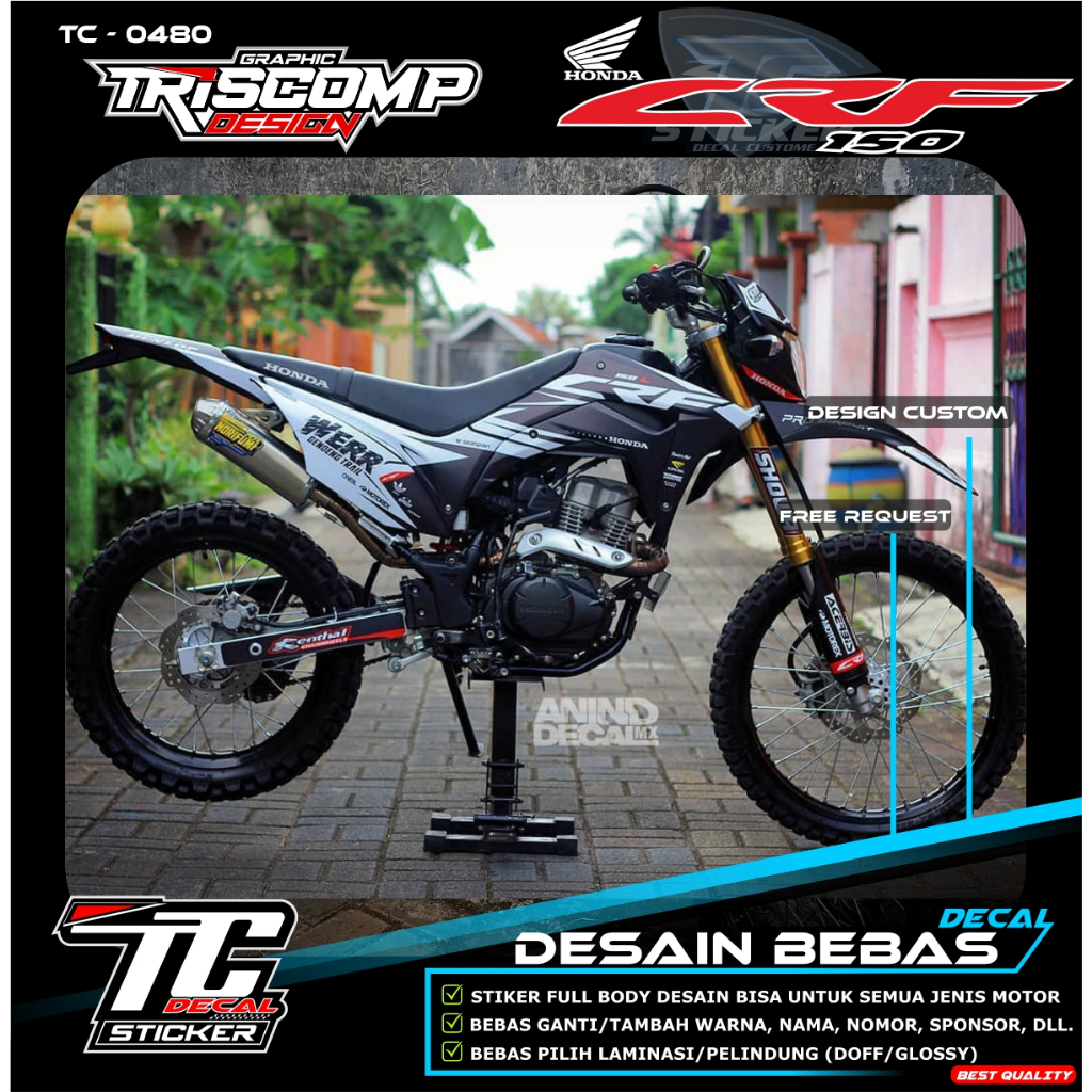List variasi Decal CRF 150L Stiker Motor CRF 150L Fullbody motif hitam putih doff racing supermoto b