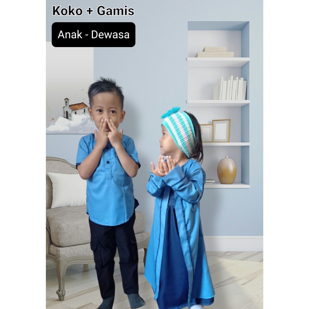 Baju Sarimbit Keluarga Muslim Lebaran Premium Koko dan Gamis Couple Warna Biru Denim Hitam Navy Abu Marun Bahan Toyobo