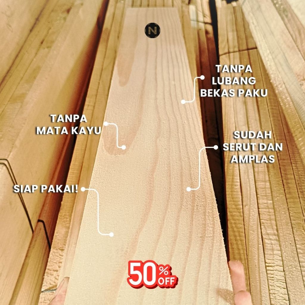 Papan Kayu Jati Belanda Pinus 1,5 - Tanpa bekas paku, Tanpa mata kayu, Serut Amplas Halus 4 Sisi