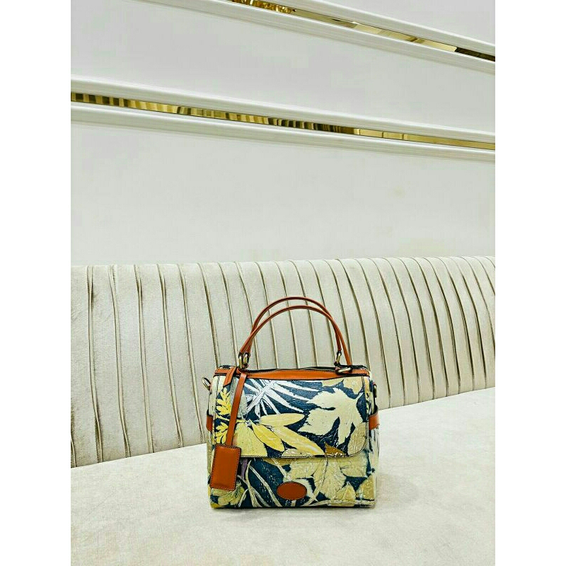 Tas selempang wanita kulit papirut garut size M double tali motif ecoprint full up