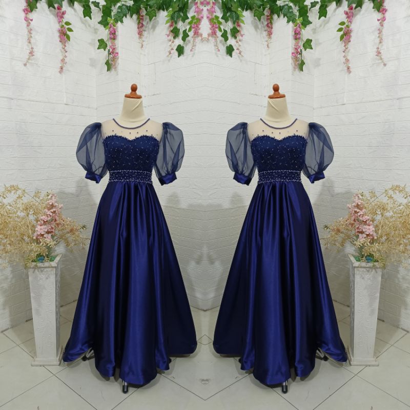 longdress Satin balenciaga premium full payet lengan balon organdi // gaun pesta