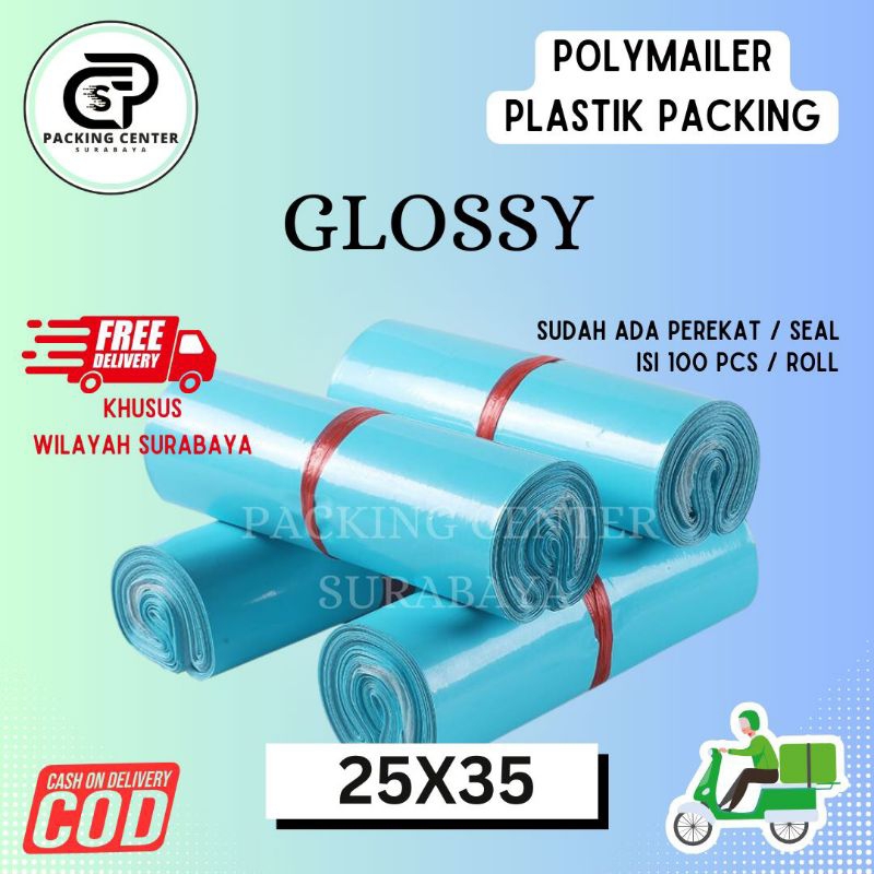 

Polimer Plastik Packing / Polymailer Olshop Online Shop PE warna Sky Blue Glossy Isi 100Pcs Lem Perekat Termurah Grosir