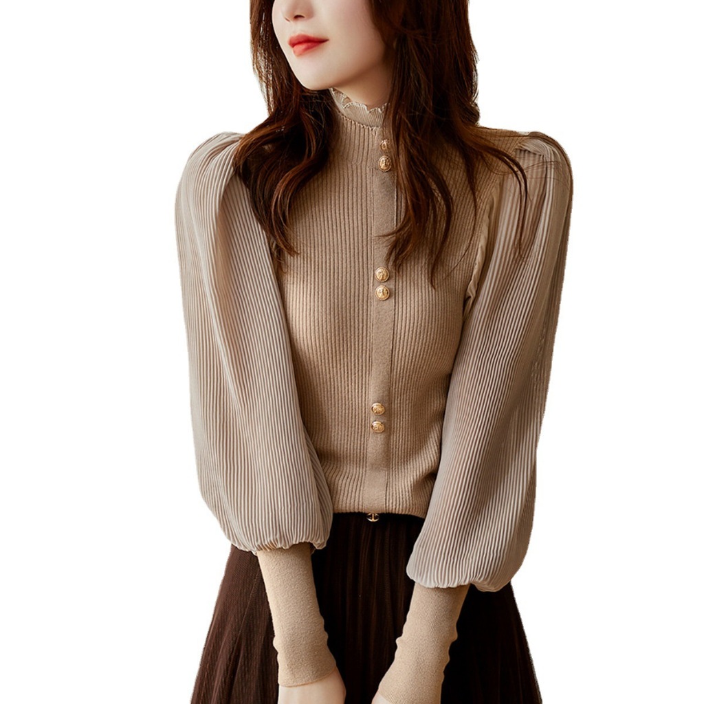 Atasan Rajut Wanita Lengan Panjang Mewah Turtleneck Korean Lengan Balon