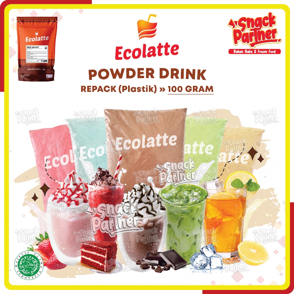 

ECOLATTE Drink Powder REPACK 100 GR - Bubuk Minuman - Royal Choco Classic Malt Black Caramel Hazelnut Taro Red Velvet Vanilla Blue Bubble Gum Cotton Candy Cappuccino Tiramisu Latte Avocado Banana Mango Strawberry Lychee Thai Milk Green Matcha Tea 100gr