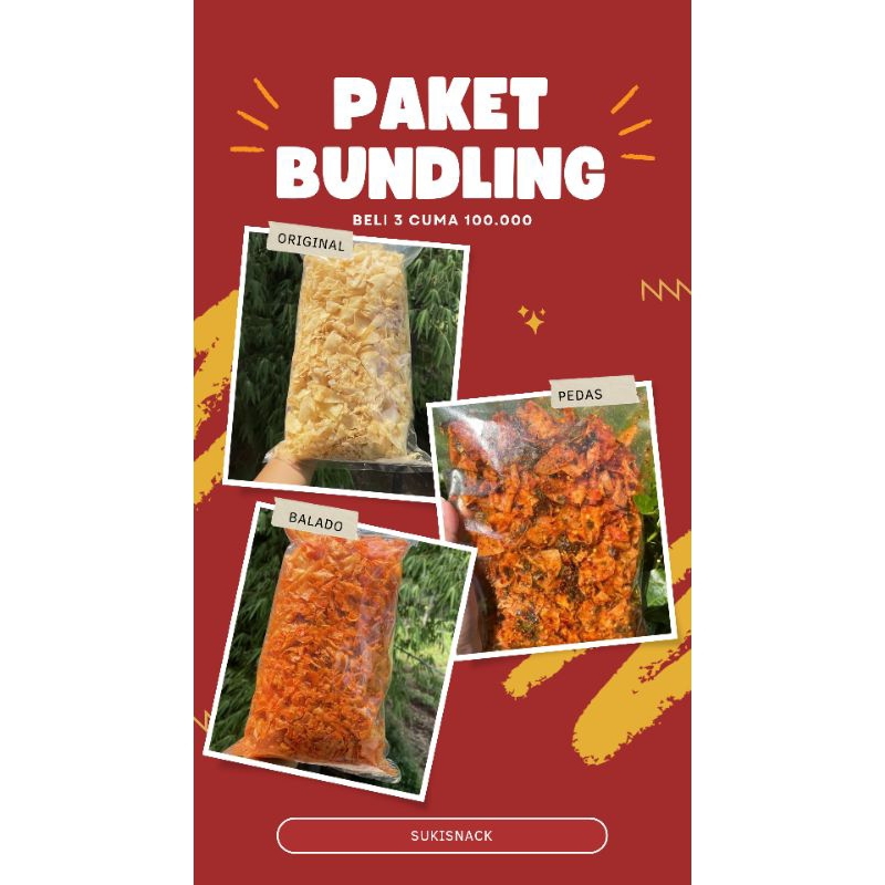 

Promo!!!!! paket bundling 3 varian rasa keripik singkong kriwil 1kg