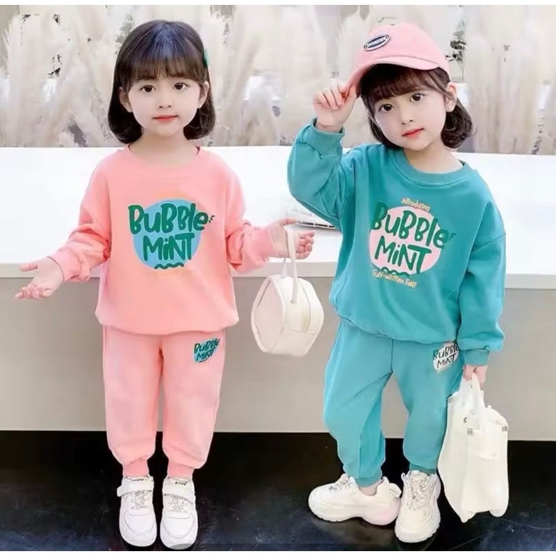 SETELAN SWEATER ANAK PEREMPUAN USIA 1-7 TAHUN TERBARU/ONE SET SWEATER ANAK MOTIF BUBBLE MINT KEKINIA