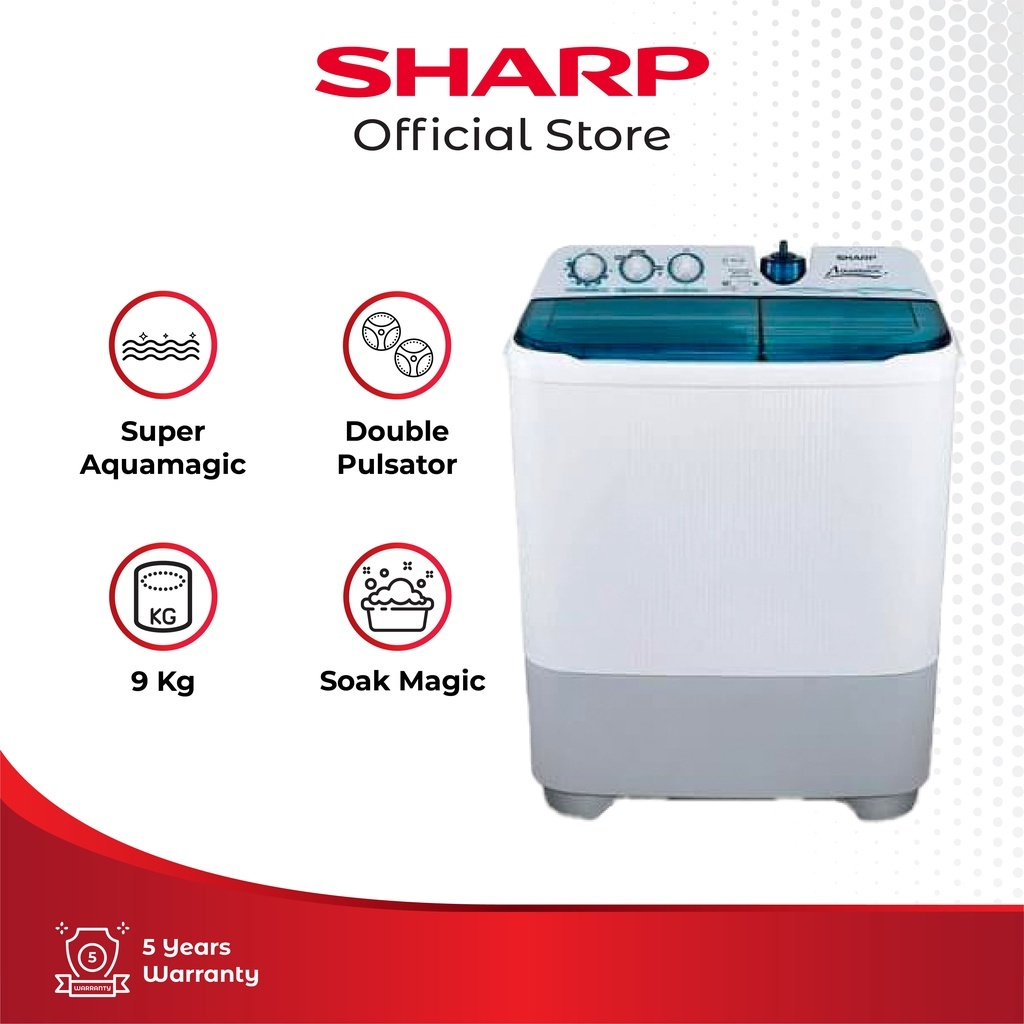MESIN CUCI SHARP ES T95CR / SHARP MESIN CUCI TWIN TUB TOP LOADING ES T95CR [9 KG] BLUE